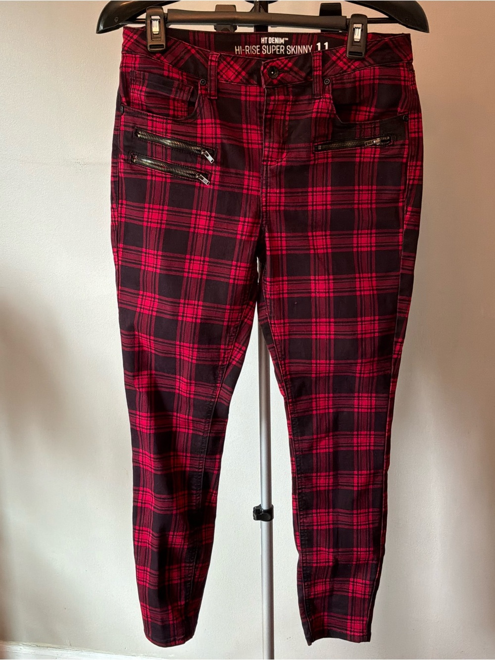 Hot Topic Red Plaid Skinny Jeans Punk Emo Mall Goth Checkered Pants Juniors 11